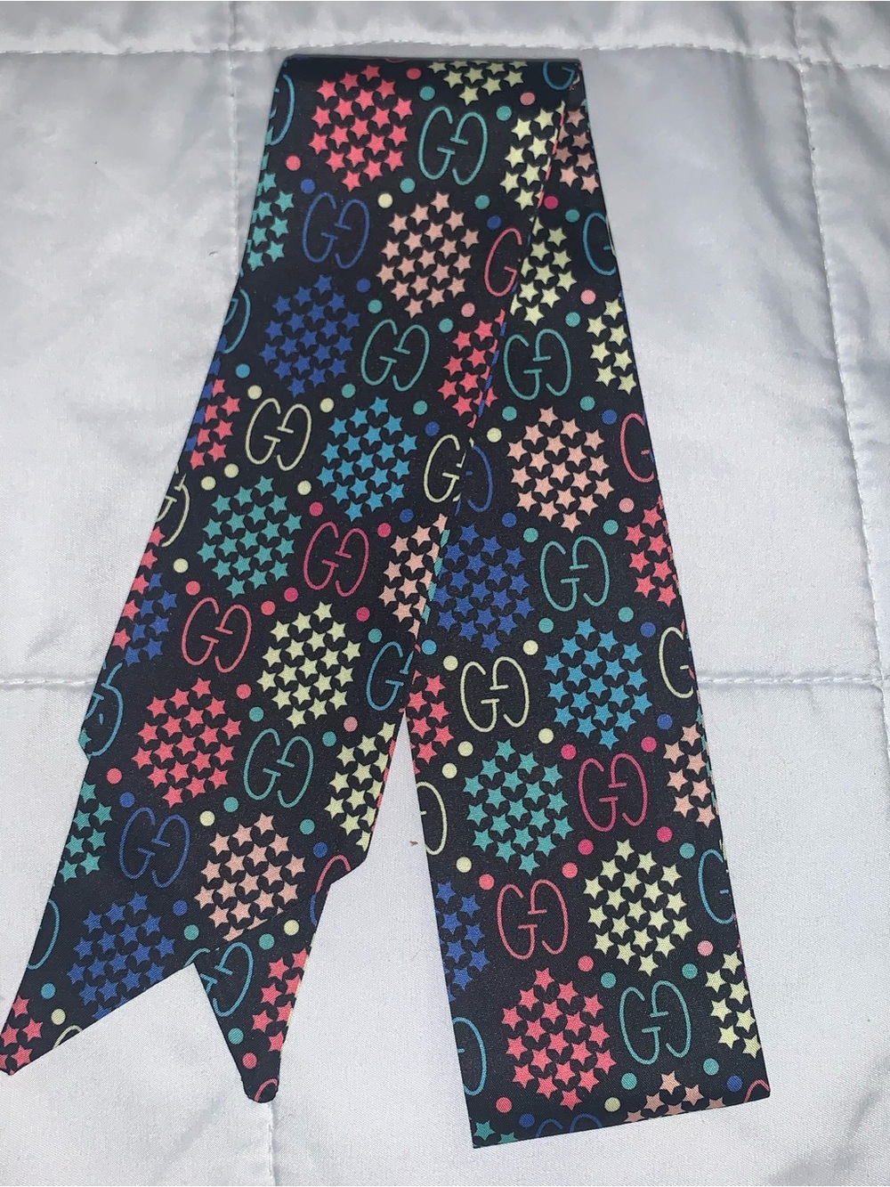 NWOT GG Pattern Multicolor Satin Scarf Tie